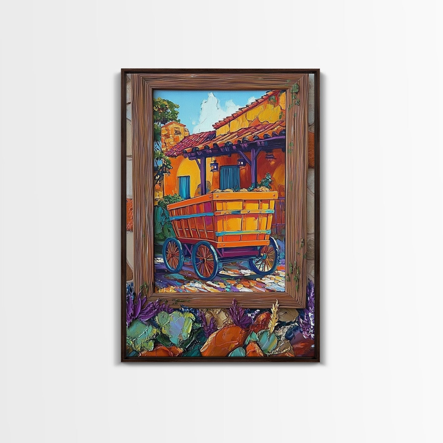 Rustic Wagon, Village, Colorful House Framed Canvas Print, Southwest Home Decor, Farmhouse Kitchen Wall Art, Mexican Art Style