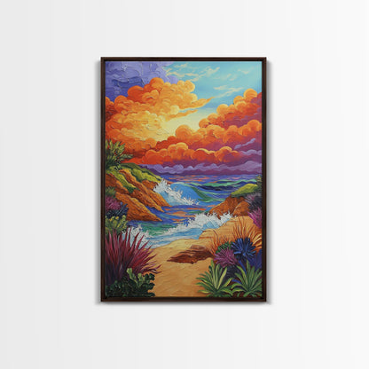 Seaside Sunset, Cliff, Dramatic Clouds Framed Canvas Print, Vibrant Ocean Wall Decor, Bathroom Beach Art, Coastal Expressionism