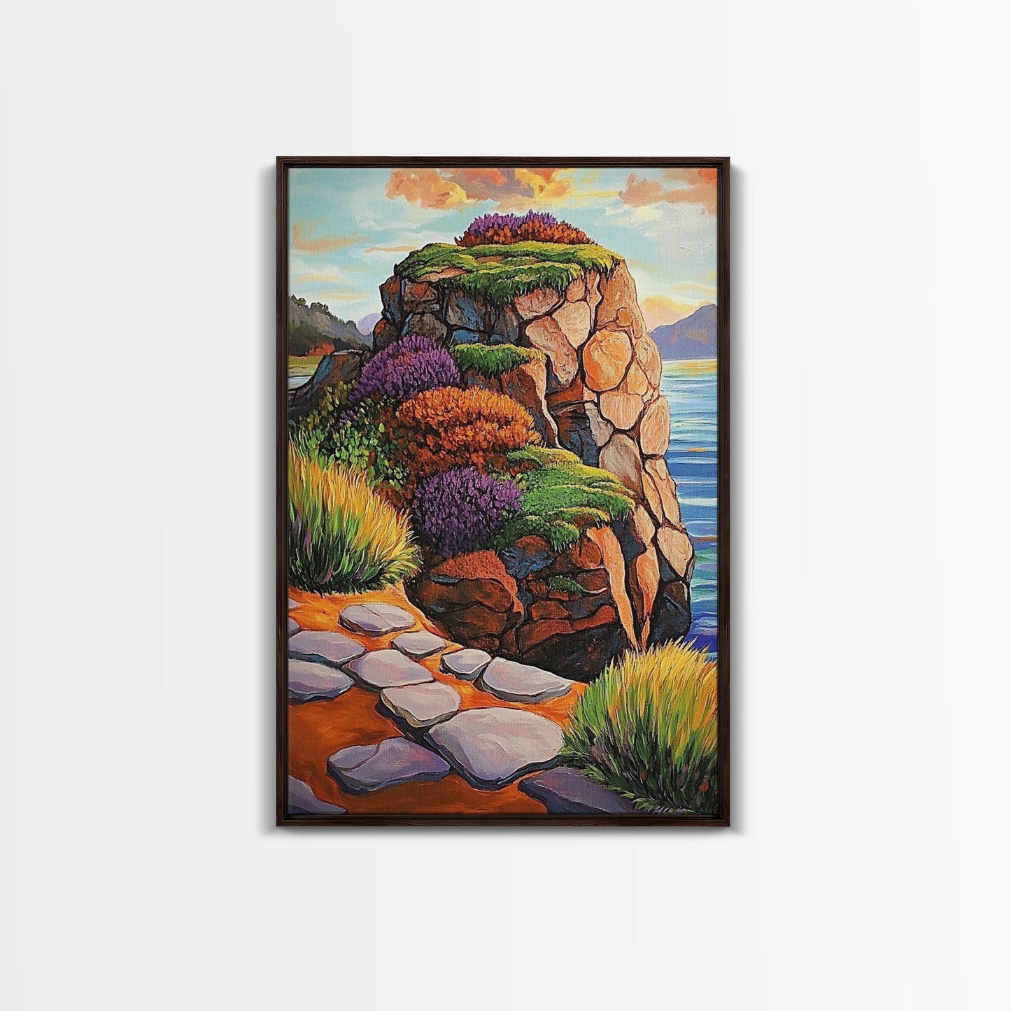 Rocky Cliff, Ocean, Wildflowers Canvas Print, Vibrant Coastal Wall Art, Hallway Nature Scene, Colorful Landscape Painting