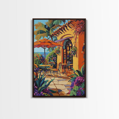 Bistro Patio, Sun, Canvas Print, Mediterranean cafe painting, kitchen wall art, outdoor charm artwork, sunny terrace decor, cozy nook print