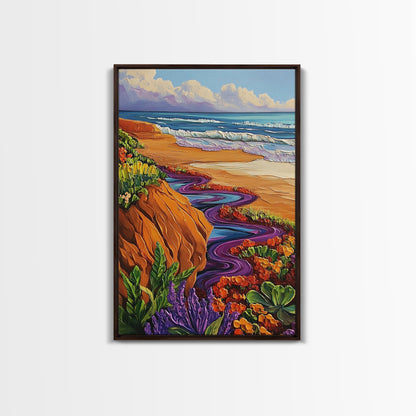 Ocean Cliffside, Floral, Seascape, Framed Canvas Print, Coastal Nature Wall Art, Bold Botanical Beach Decor, Bathroom Accent Piece
