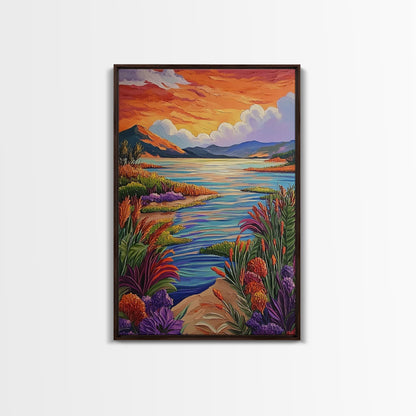 Lake Sunset, Wildflowers, Peaceful, Framed Canvas Print, Serene Nature Wall Art, Bedroom or Living Room Decor, Vibrant Landscape Style