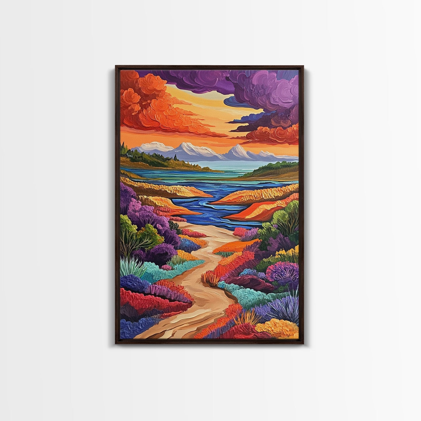 Mountains River, Clouds, Autumn, Framed Canvas Print, Bold Fall Landscape Art, Cozy Cabin Decor, Nature Lover Living Room Accent