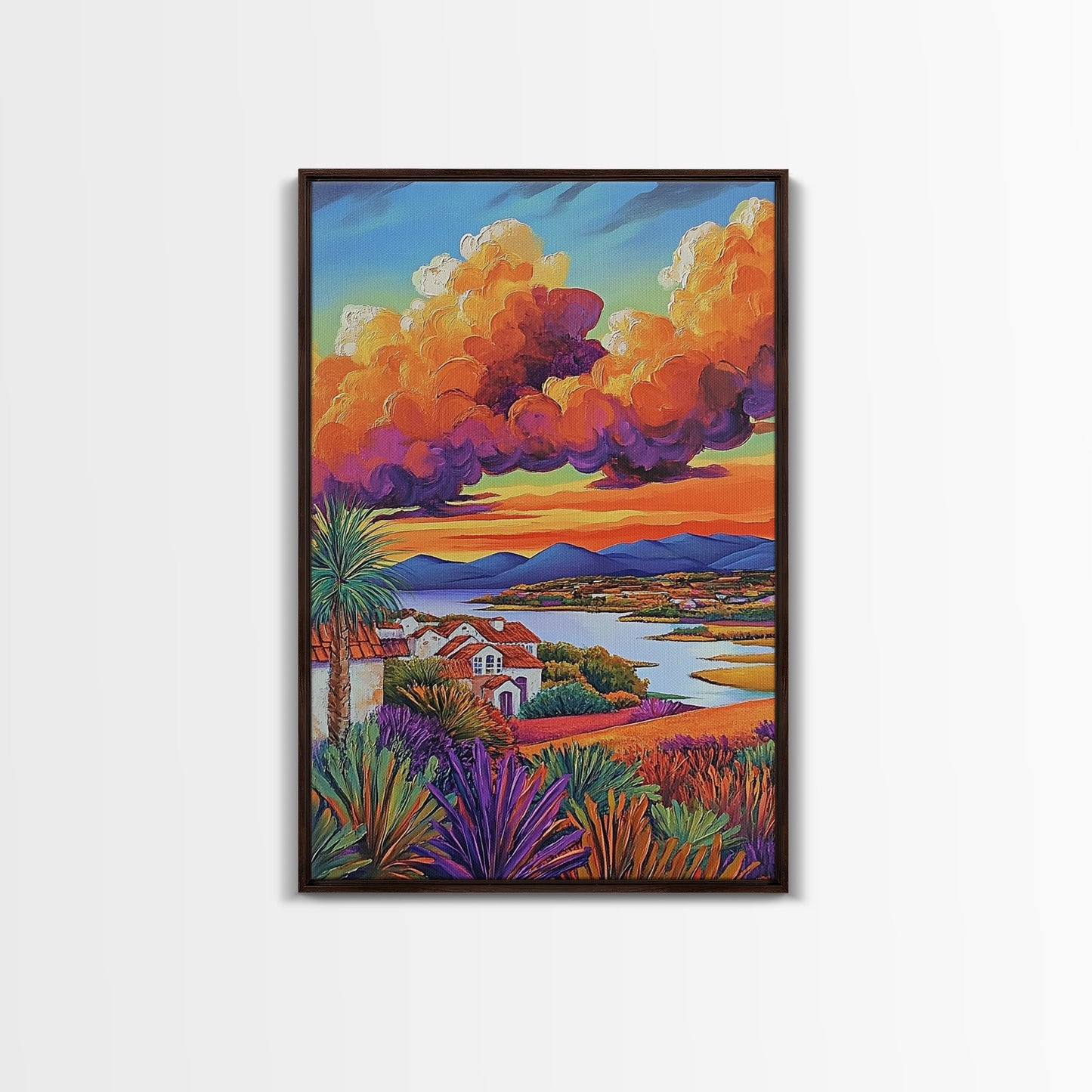 Village Sunset, Clouds, Landscape, Framed Canvas Print, Colorful Scenic Wall Art, Rustic Living Room Decor, Mediterranean Countryside