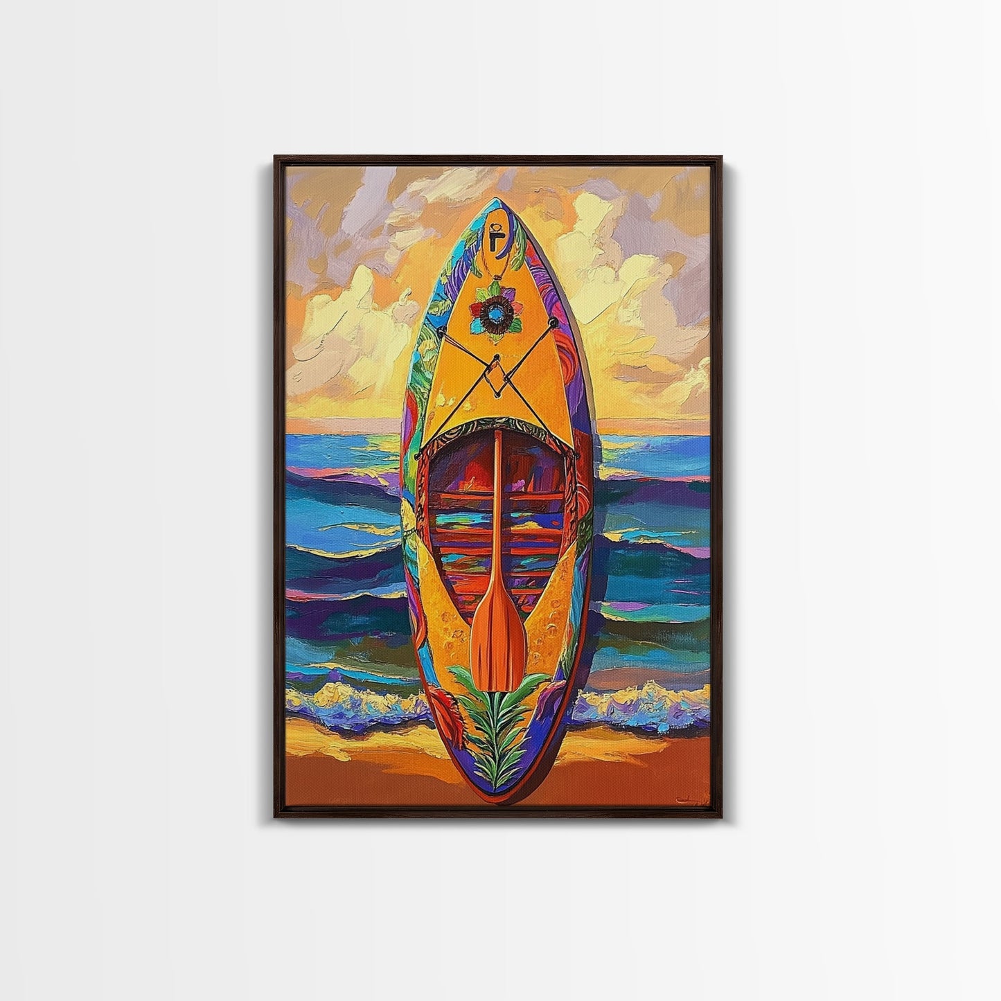 Yellow Surfboard Art, Vibrant Paddle Print, Colorful Beach Decor, Coastal Ocean Wall, Framed Canvas Print, Bathroom Wall Art, tropical art