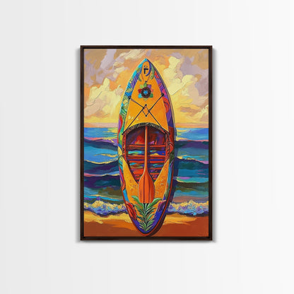 Yellow Surfboard Art, Vibrant Paddle Print, Colorful Beach Decor, Coastal Ocean Wall, Framed Canvas Print, Bathroom Wall Art, tropical art
