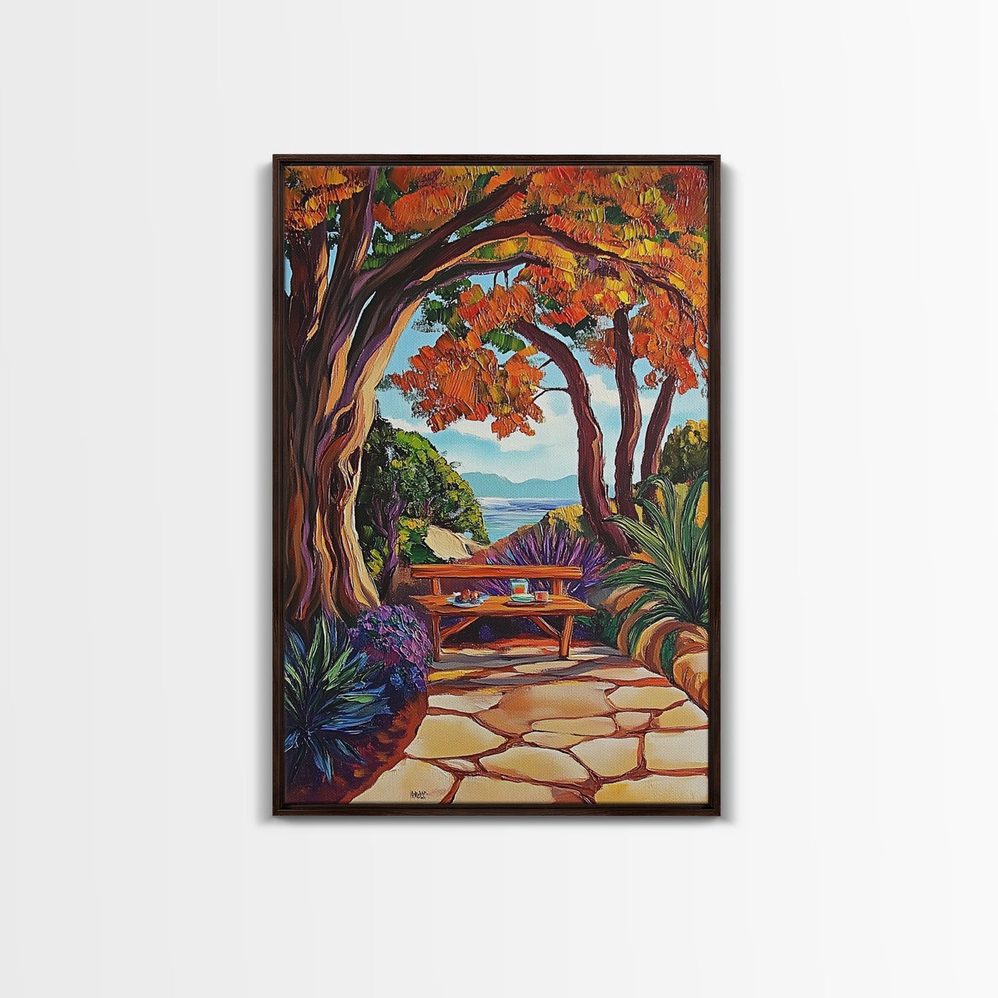 Autumn Table, Garden Path, Scenic View, Framed Canvas Print, cozy fall art, rustic decor, nature painting, Dining Room Wall Art