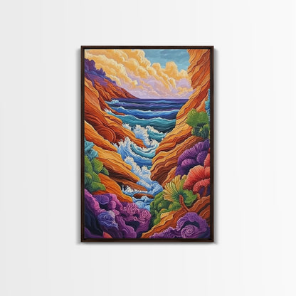 Wild Coast, Ocean Energy, Bold Waves, Colorful Rocks, Canvas Print, Eclectic Wall Art, Coastal Retreat Decor, Psychedelic Ocean Art