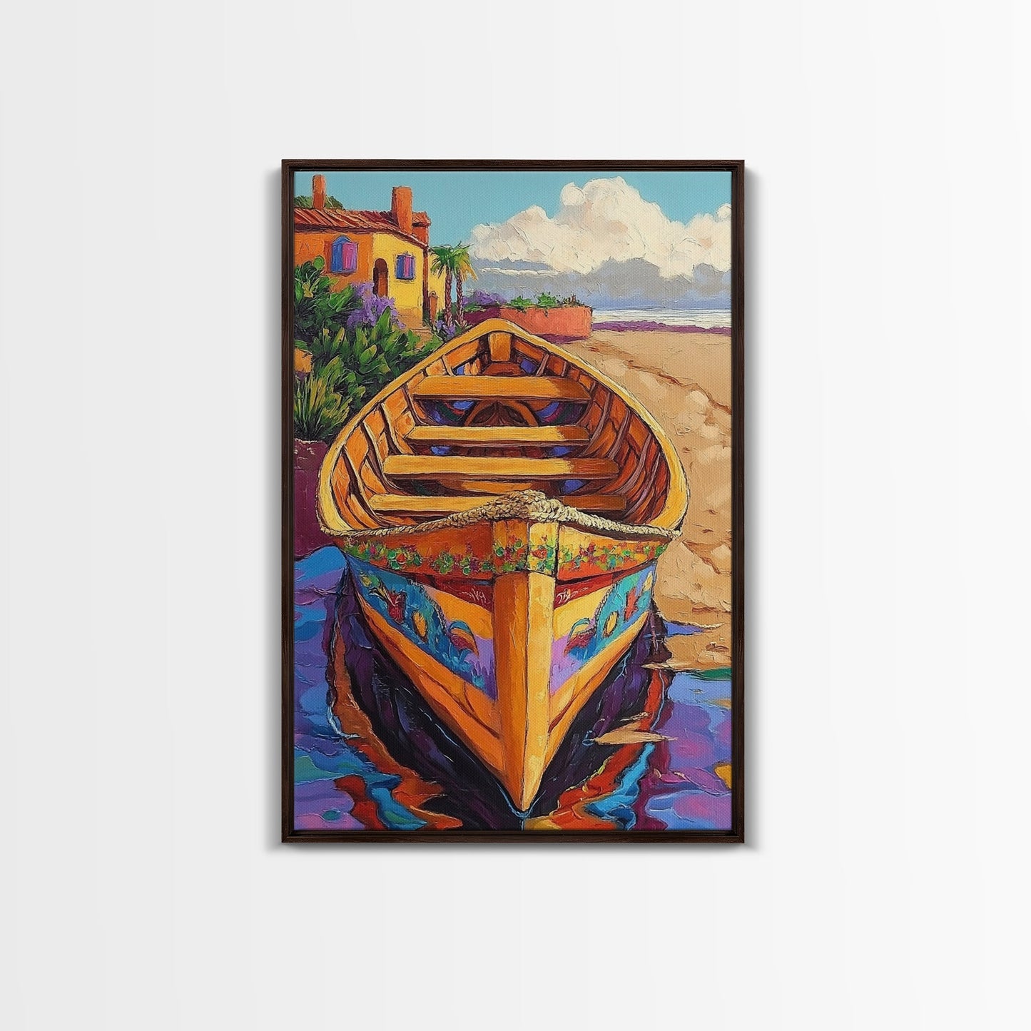 Painted Boat, Coastal Home, Nautical Style, Vibrant Beach Scene, Seaside Decor, Bathroom Wall Art, Canvas Print, Summer Vibes Art