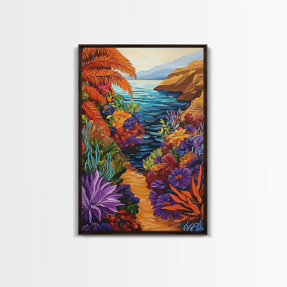 Hidden Cove, Ocean Trail, Botanical Beauty, Colorful Path, Framed Canvas Print, tropical jungle painting, hallway wall art, boho art