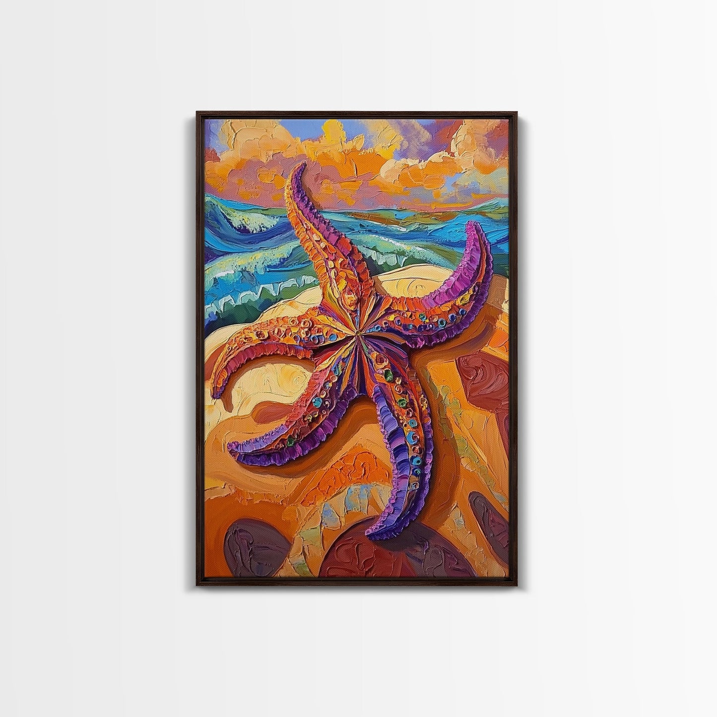 Starfish Closeup, Vibrant Shore, Ocean Texture, Coastal Beauty, Framed Canvas Print, Bathroom Wall Art, Beach House Decor, Seaside Boho Art