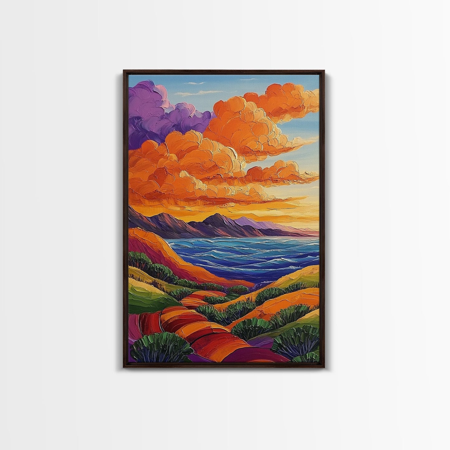 Coastal Hills, Sunset Path, Ocean View, Fiery Sky — Framed Canvas Print Autumn landscape painting, colorful kitchen wall art, boho decor