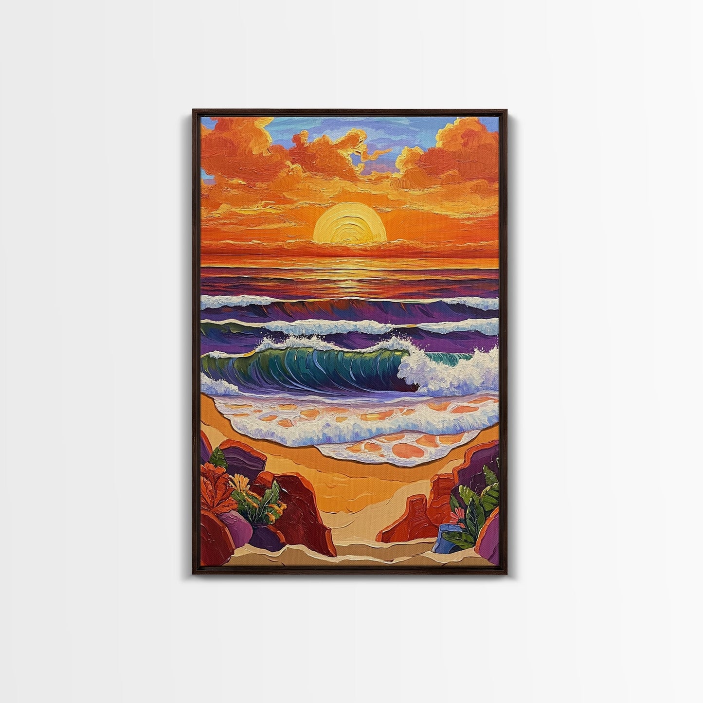 Sunset Beach, Crashing Waves, Golden Sky, Ocean Horizon — Canvas Print tropical landscape art, bathroom wall decor, modern beach vibe