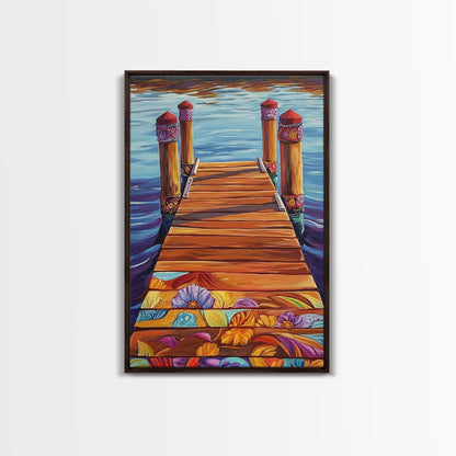 Painted Dock Scene, Vibrant Water Art, Lake House Decor, Canvas Print, Boho Coastal Wall Art, Summer Vibes, Nature Inspired