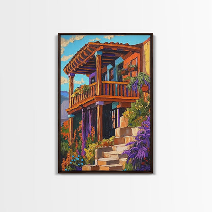 Rustic Balcony View, Desert Garden Colors, Southwest Home Art, Framed Canvas Print, Living Room Wall Art, Boho Summer Decor