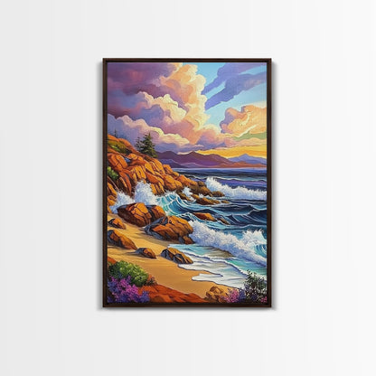 Rocky Beach Landscape, Dramatic Sky Scene, Coastal Ocean View, Canvas Print, Fall Nature Decor, Living Room Wall Art