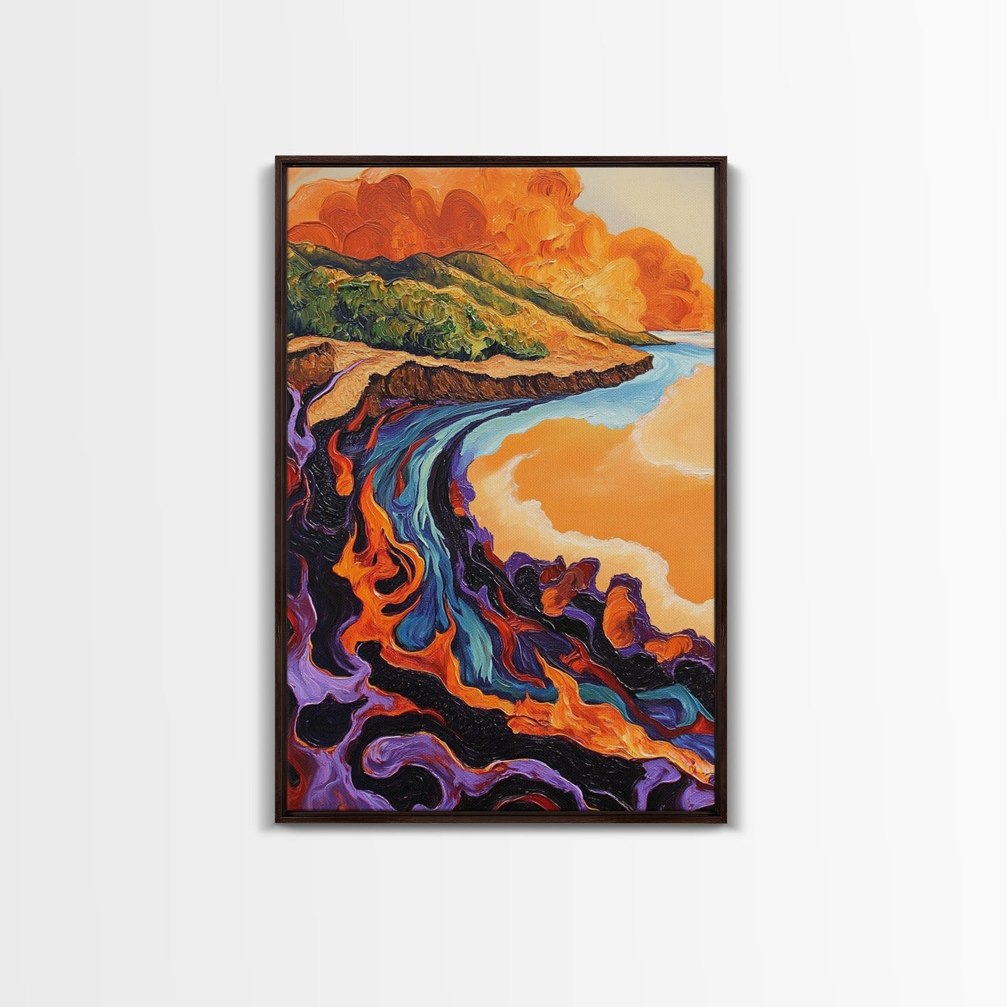 Lava Coastline, Molten Waves, Abstract Nature, Volcanic Scene, Framed Canvas Print, Fall Wall Art, Moody Decor, Earthy Abstract Art