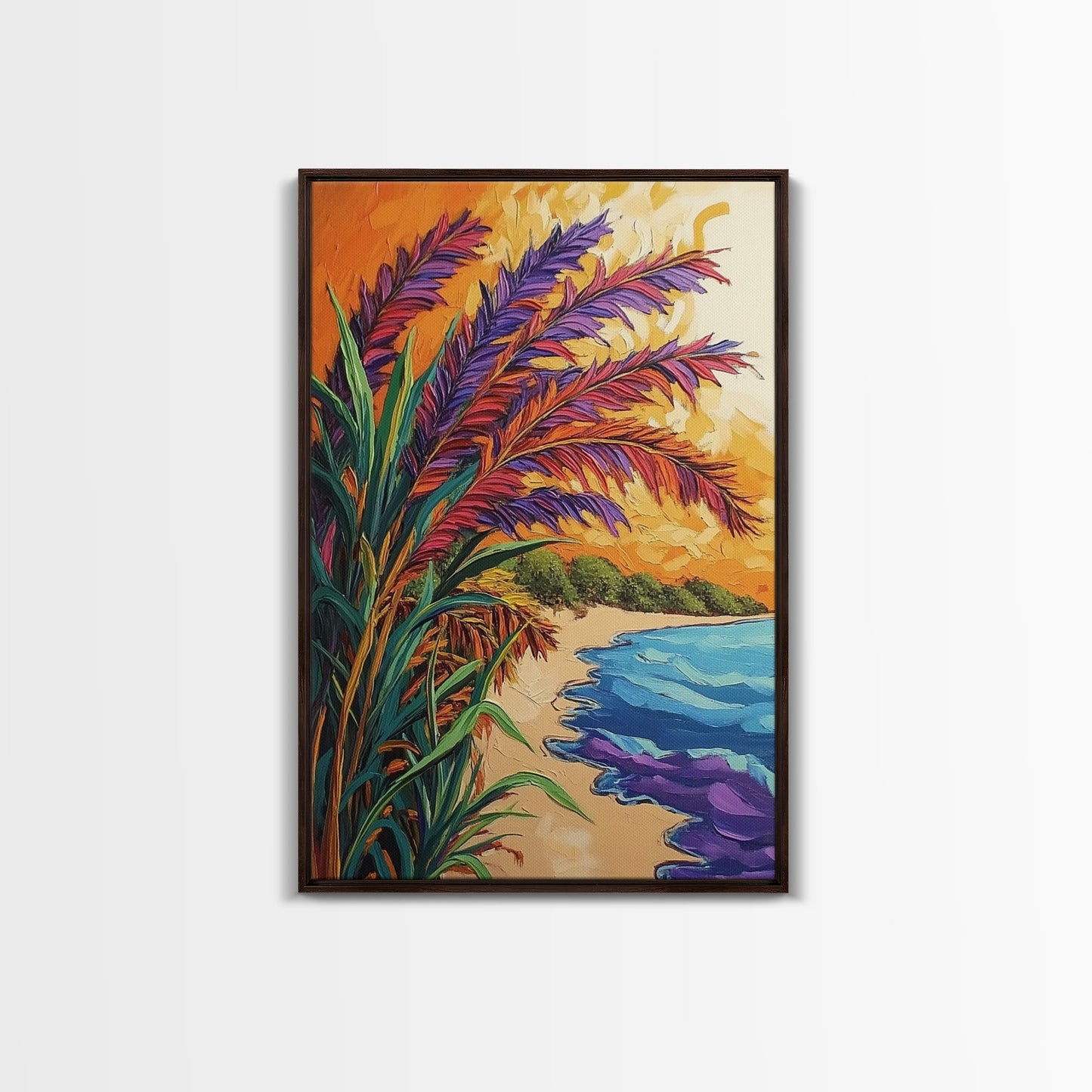 Vibrant Beach Grass, Sunset Ocean View, Coastal Wall Decor, Tropical Vibes, Framed Canvas Print, Summer Living Room Wall Art