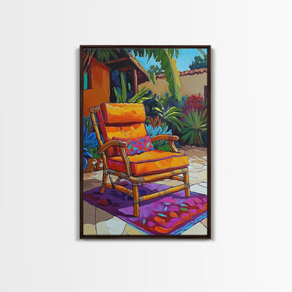 Chair Patio Palm, Tropical, Framed Canvas Print tropical garden wall art, colorful patio vibes, summer decor, boho sunroom wall art