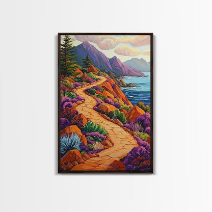 Winding Trail, Ocean Cliffs, Coastal Landscape, Mountain View, Framed Canvas Print, rustic wall art, cabin decor, colorful nature painting