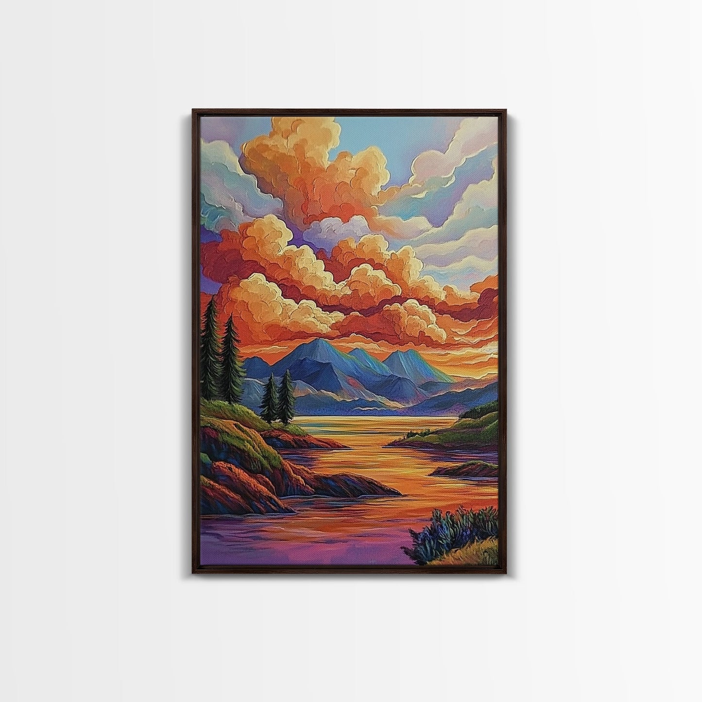 Mountains Lake, Sky Reflection, Canvas Print sunset mountain scene wall decor, serene nature landscape painting, Living Room Wall Art