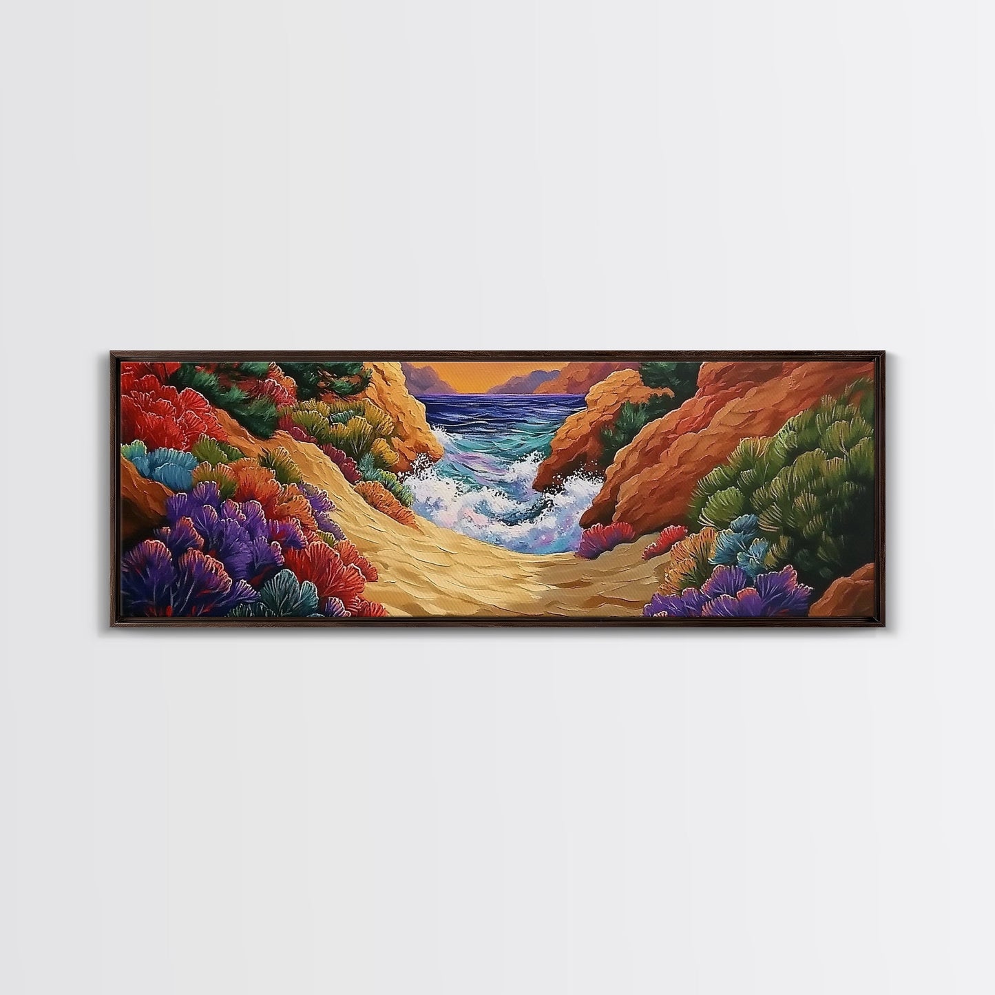 Ocean Path, Colorful Cliffs, Bright Beach, Nature Trail, Framed Canvas Print, Coastal Wall Art, Hallway Decor, Vibrant Seaside Painting