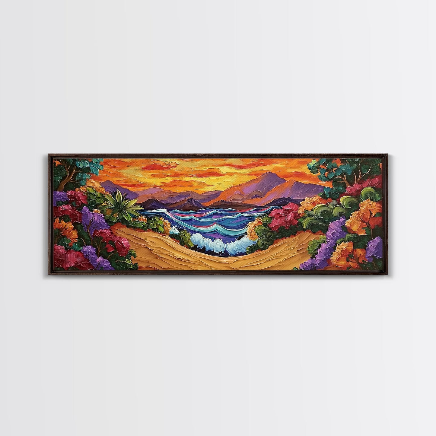 Tropical Sunset Cove, Vibrant Ocean Painting, Beach House Decor, Bold Nature Scene, Boho Living Room Canvas Print, Nature Painting