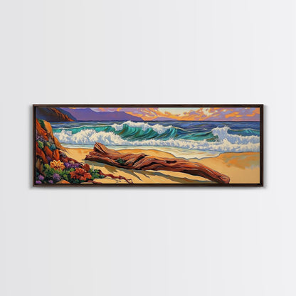 Ocean Shore Driftwood, Seaside Flower Art, Nature Landscape, Framed Canvas Print, Coastal Living Room or Beach House Wall Art