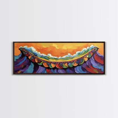 Carnival Wave, Festive Ocean, Playful Waters, Framed Canvas Print, beach bathroom art, coastal fun painting, surf wall decor