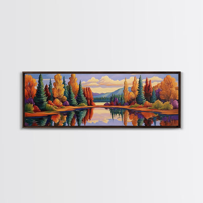 Autumn Reflections Painting, Lakeside Forest Landscape, Fall Color Trees, Framed Canvas Print, Cabin Wall Art, Cozy Living Room