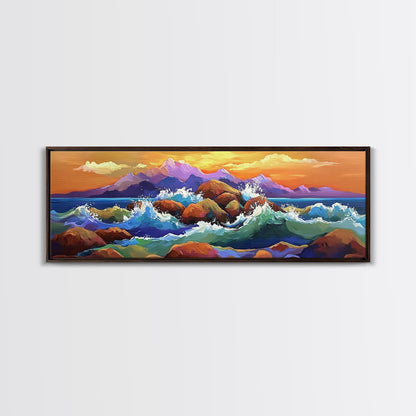 Coastal Rocks Waves, Sunset Ocean Painting, Colorful Seaside View, Framed Canvas Print, Nautical Wall Art, Living Room Decor