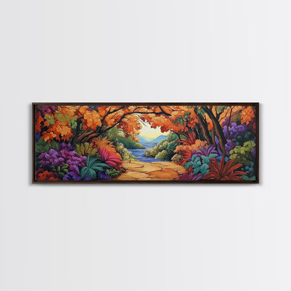 Autumn Archway, Colorful Path, Forest Lake, Vibrant Trees, Framed Canvas Print, Entryway Wall Art, Fall Nature Scene, Boho Art