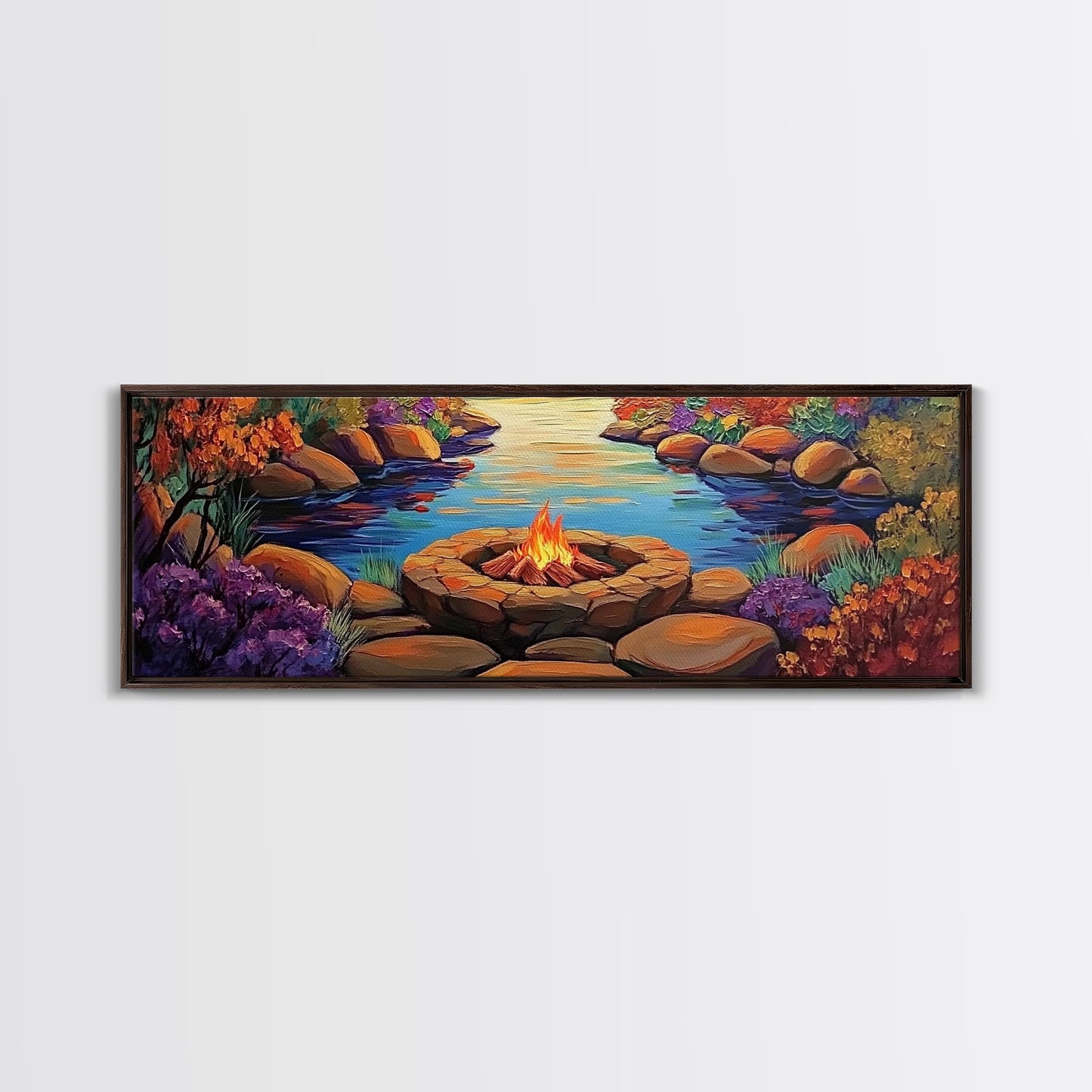 Campfire by River, Autumn Glow, Cozy Outdoor Scene, Framed Canvas Print, fall landscape, rustic decor, lodge wall art, den artwork