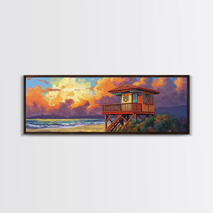 Lifeguard Tower Glow, Beach Sunset Scene, Holiday Decor, Framed Canvas Print, coastal art, tropical beach home, fall season decor