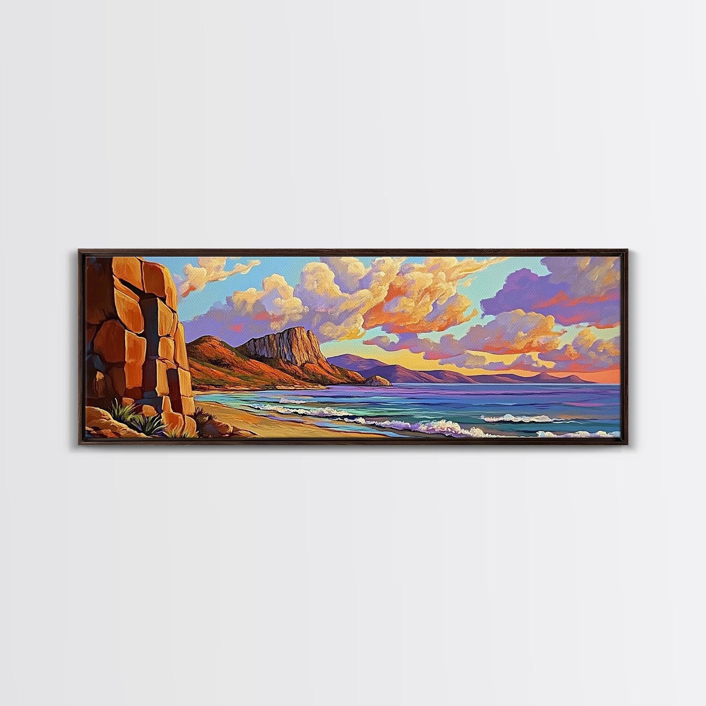 Sunset Beach View, Coastal Mountain Landscape, Peaceful Ocean Wall Art, Framed Canvas Print, Boho Bedroom or Living Room Decor