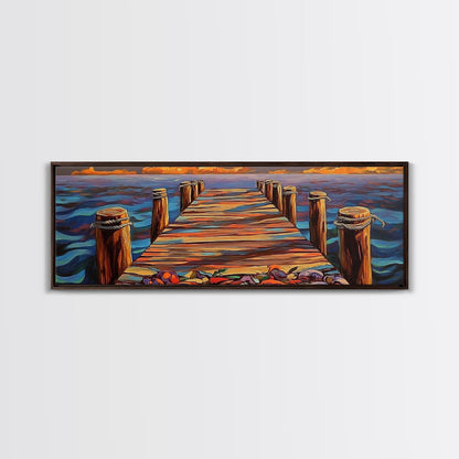 Wooden Dock Sunset, Ocean Pier Painting, Tranquil Seascape Decor, Nautical Beach House Style, Framed Canvas Print