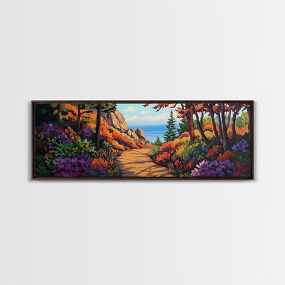 Coastal Forest Walk, Vibrant Landscape Painting, Ocean View Trail, Autumn Decor, Framed Canvas Print, Hallway Wall Art