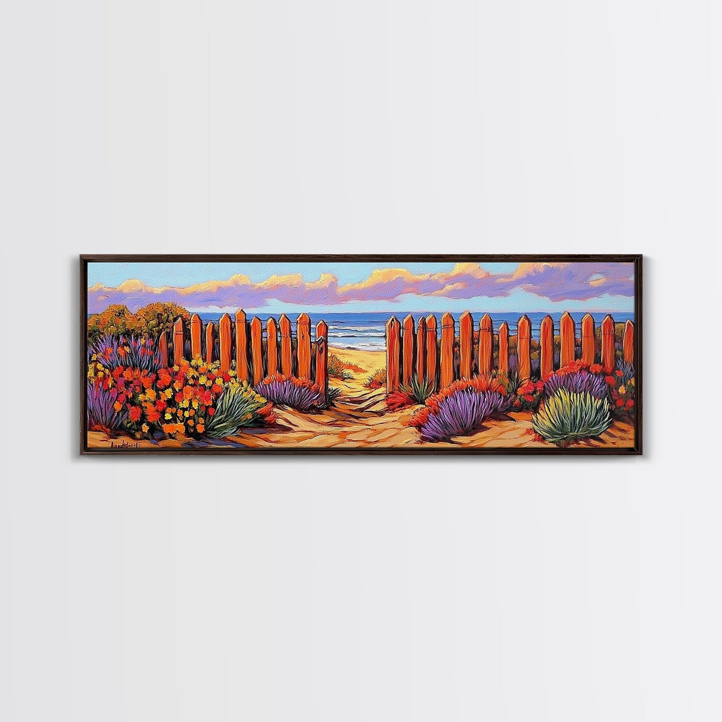 Beach Fence Trail, Ocean Coastal View, Sandy Pathway, Framed Canvas Print, Vibrant Seaside Art, Bathroom or Entryway Decor