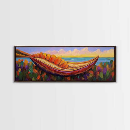 Vibrant Canoe Shell, Coastal Fantasy Art, Ocean Dreamscape, Framed Canvas Print, Tropical Wall Decor, Beach House Accent Piece