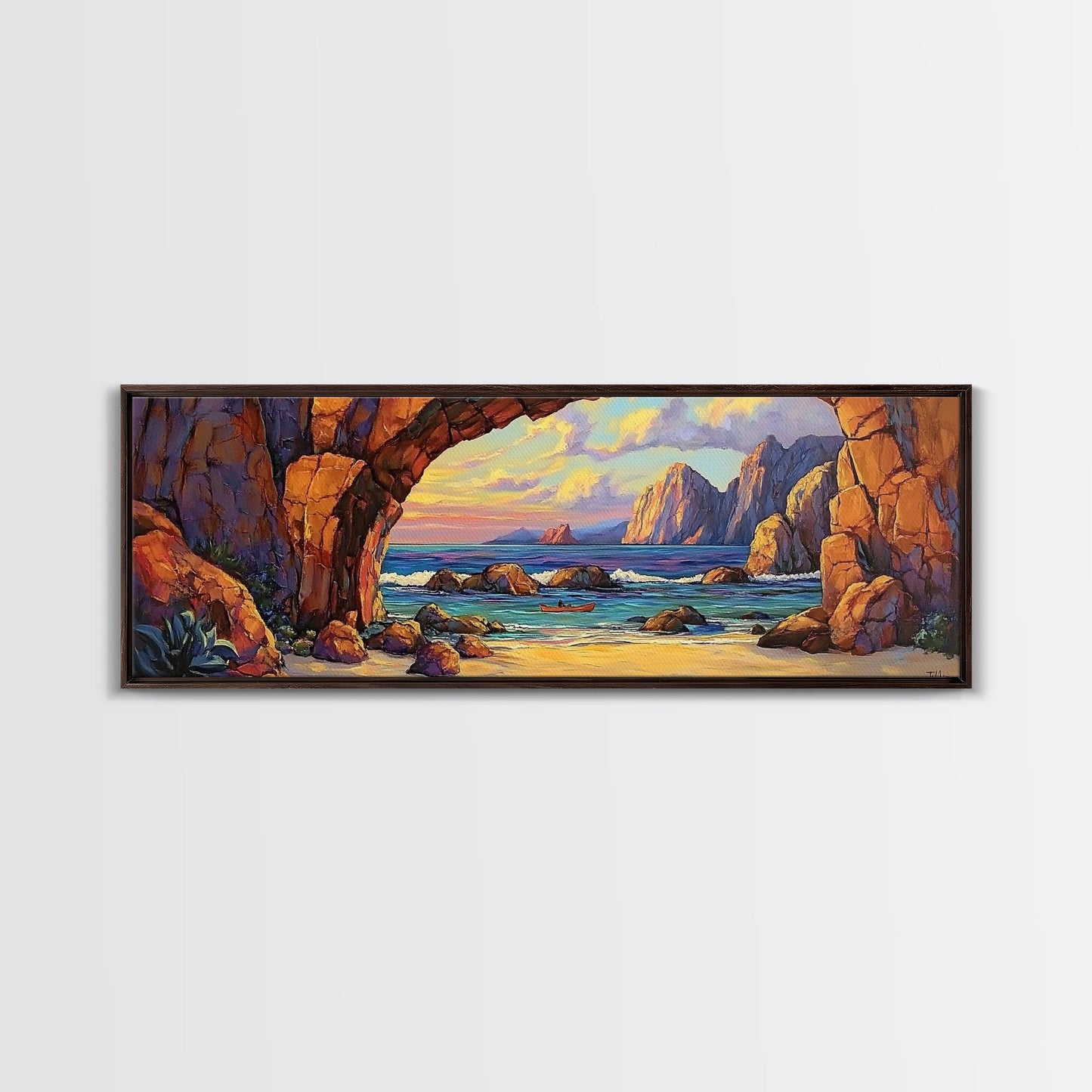 Coastal Archway View, Rocky Beach Sunset, Ocean Serenity, Framed Canvas Print, Nautical Living Room Art, Seaside Escape Scene