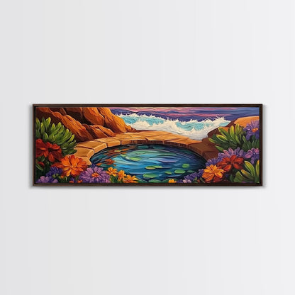Garden Oasis, Coastal Pool, Tropical Bloom, Framed Canvas Print, Bathroom Wall Art, Vibrant Nature Decor, Colorful Landscape Art