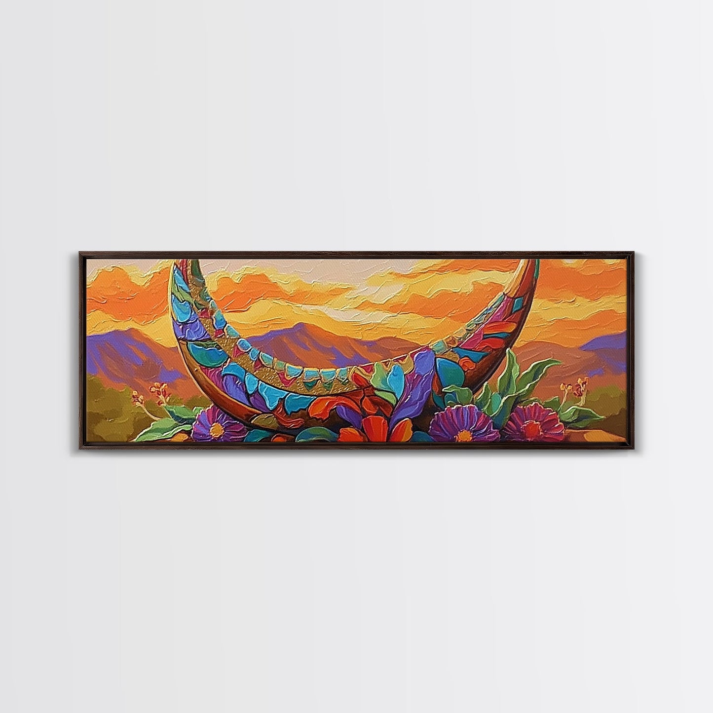 Crescent Moon, Floral Sunset, Western Vibes, Framed Canvas Print, Desert Boho Wall Art, Living Room Decor, Whimsical Southwestern Art