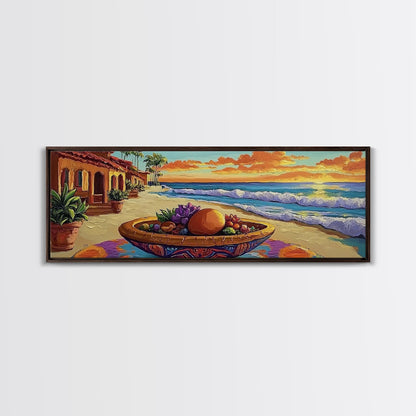 Sunset Beach, Ocean Fruit Bowl, Coastal Vibes, Framed Canvas Print, Tropical Kitchen Wall Art, Colorful Seaside Home Decor