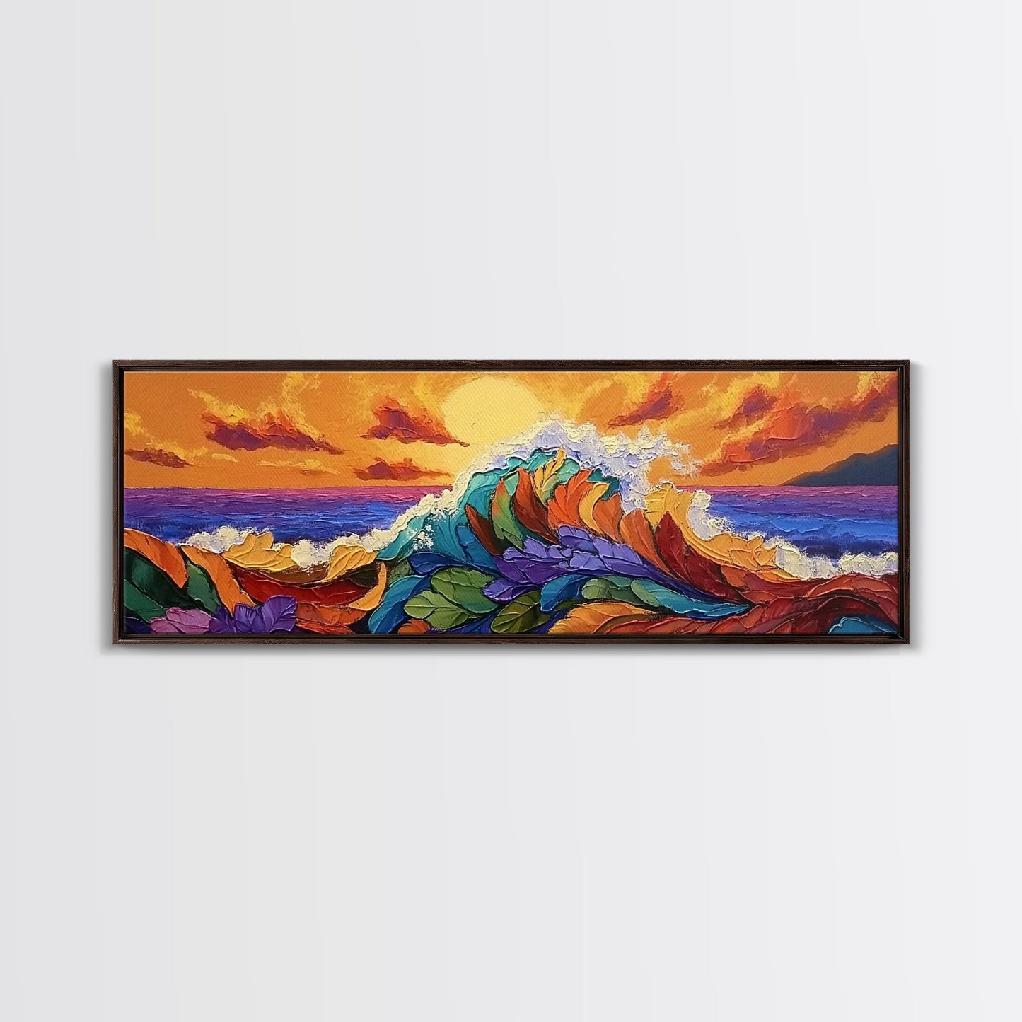 Floral Wave, Sunset Splash, Ocean Blooms, Whimsical Shore, Canvas Print, Bathroom Wall Art, Boho Coastal Decor, Vibrant Texture Art