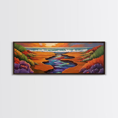 Sunset Stream, Coastal Canyon, Colorful Shoreline, Boho Nature Scene, Framed Canvas Print, Hallway Wall Art, Autumn Inspired Landscape