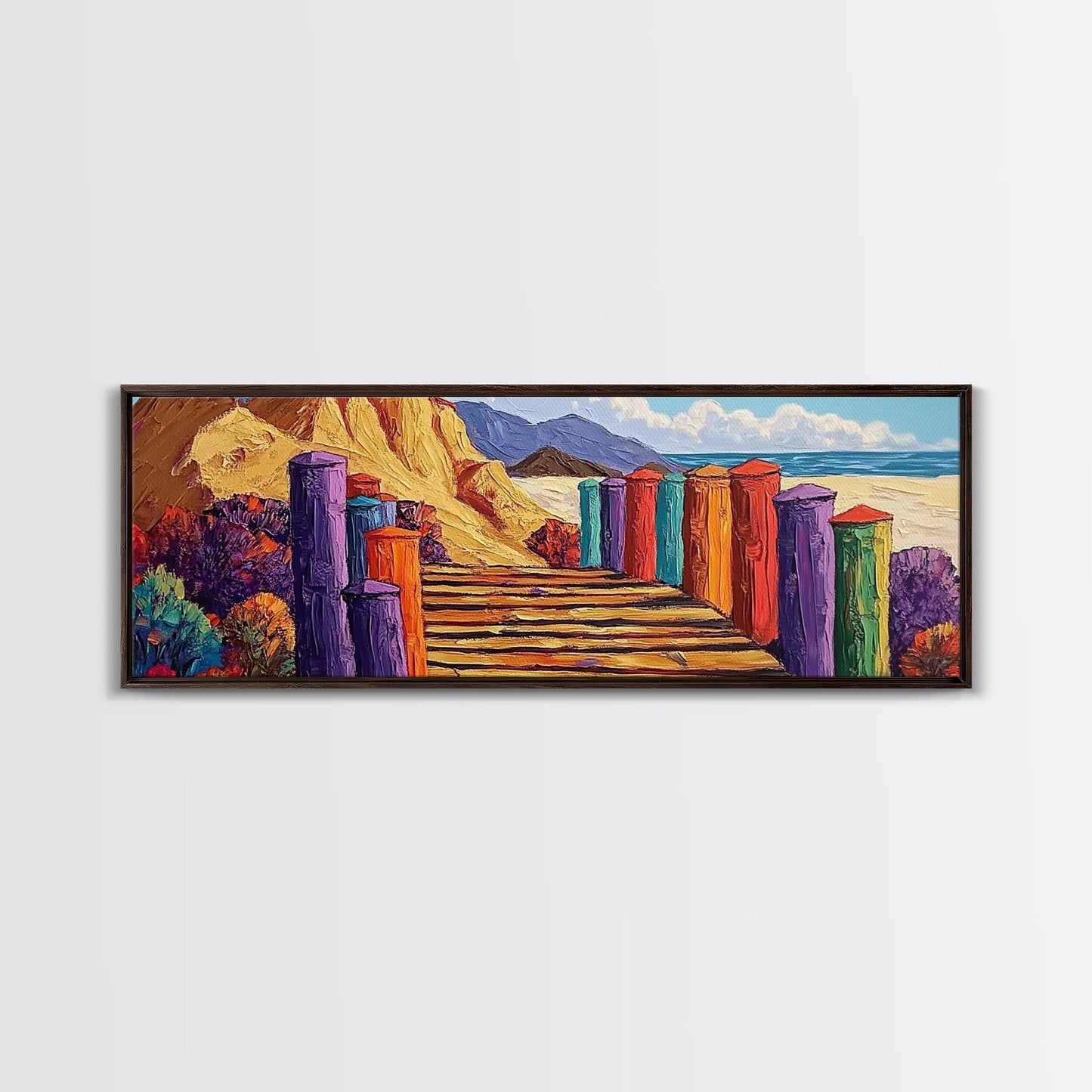 Colorful Cabins, Beach Path, Coastal Walkway, Vibrant Landscape, Canvas Print, Entryway Wall Art, Beach House Art, Bold Palette Decor