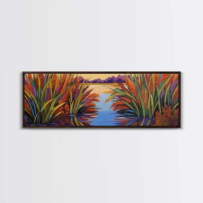 Sunset Reeds, Colorful Marsh, Reflected Peace, Framed Canvas Print, Autumn Wall Art, Living Room Decor, Vibrant Nature Landscape