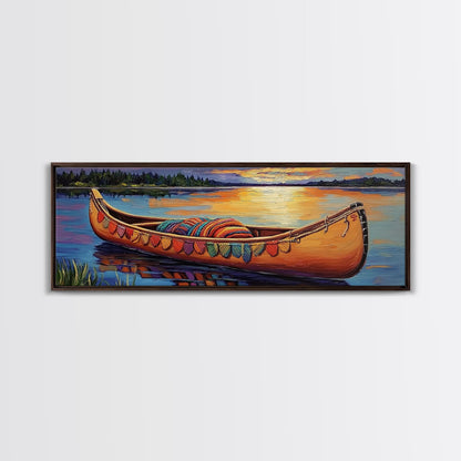 Sunset Canoe Reflection, Serene Lake Art, Cozy Lakeside Decor, Framed Canvas Print, Cabin Wall Art, Peaceful Nature Scene