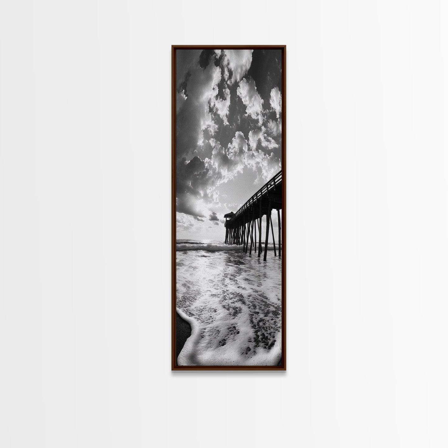 Pier at Sunrise, Ocean Horizon Print, Seascape Photography, Framed Canvas Print, Coastal Bathroom Wall Art, Nautical Theme Decor