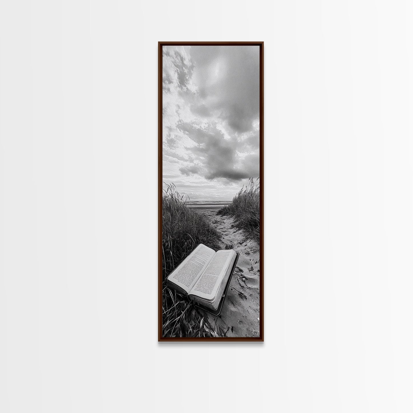 Bible on Beach, Spiritual Escape, Coastal Tranquility, Nature Meditation, Canvas Print, Faith Wall Art, Office Decor, Minimalist Art